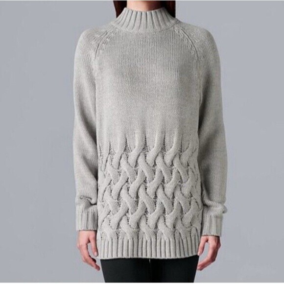Simply Vera Vera Wang Fisherman Sweater Women S Gray Chunky Cable Knit Mockneck - Picture 1 of 16